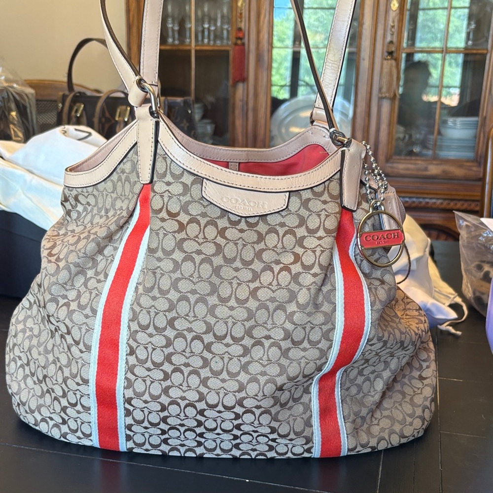 Coach Beige Signature Canvas Shoulder Bag with Coral and Cream Stripes